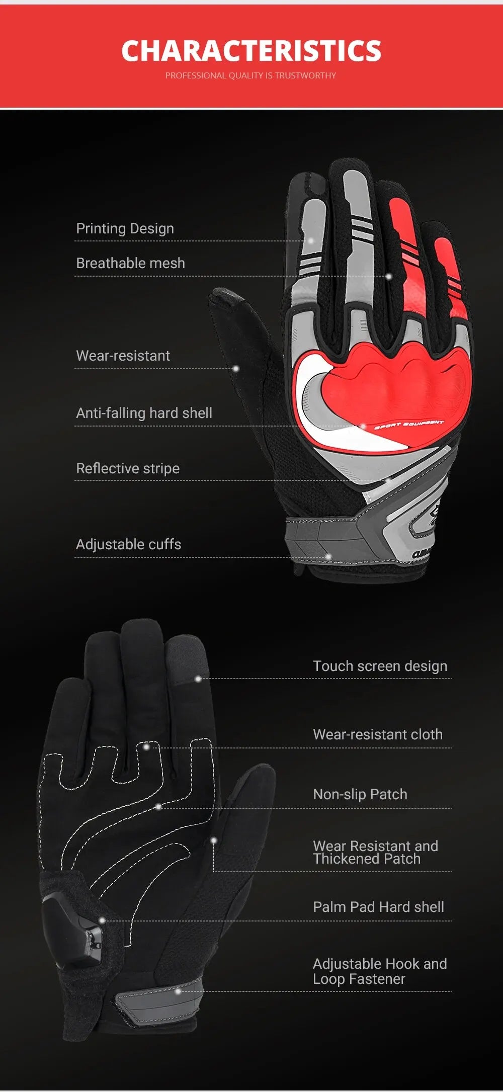 Motorcycle Gloves Unisex Breathable Touch Screen Protection Night Reflective Full Finger