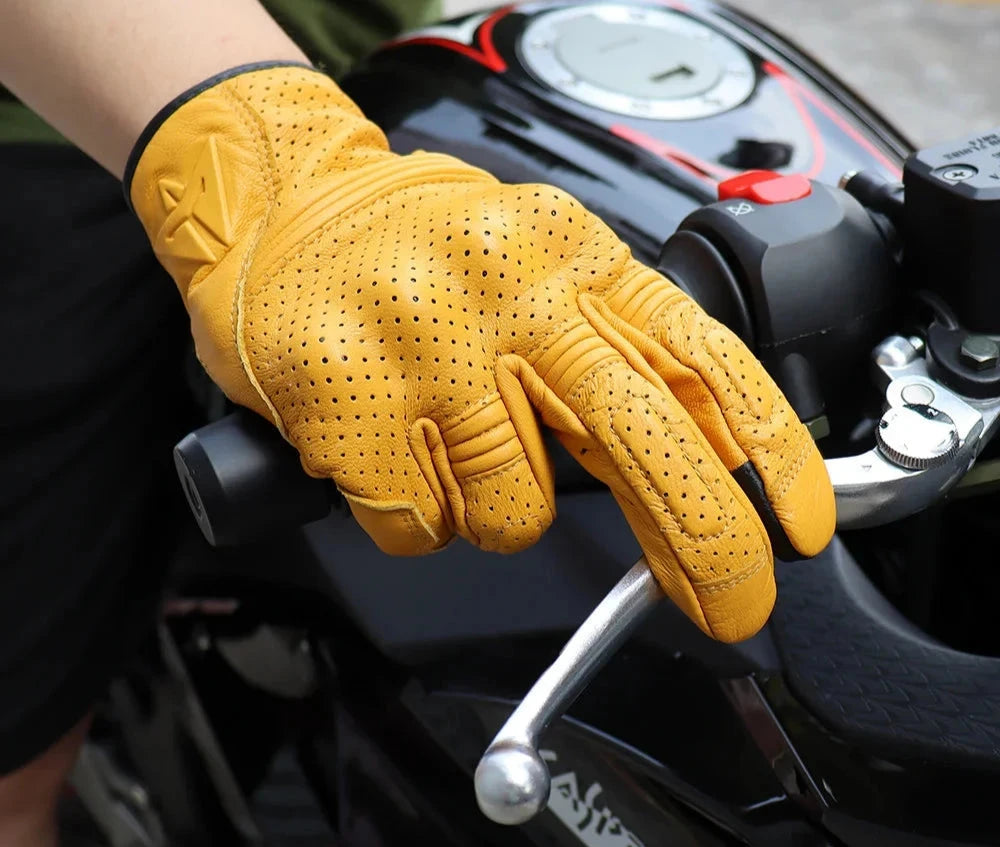 Motorcycle Leather Gloves Summer Breathable Touch Screen Full Finger Protective