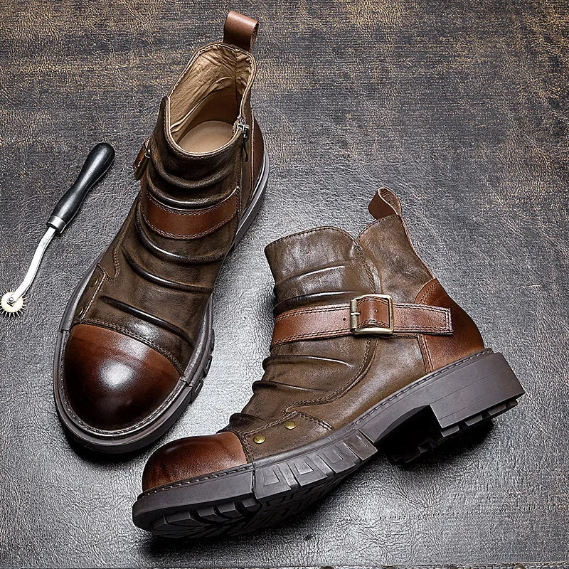 Motorcycle Genuine Leather Wrinkle Boots