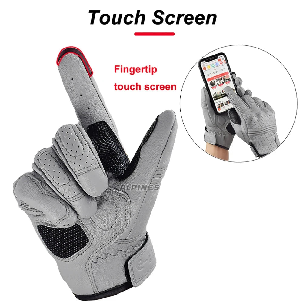 Motorcycle Leather Gloves Summer Breathable Touch Screen Full Finger Protective